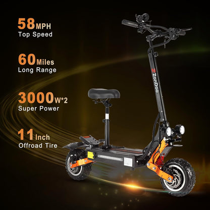 ZO01 Plus Electric Scooter, 6000W Dual Motors Up to 58 MPH, 60 Miles Range